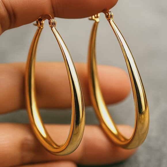 NWOT - ✨ Polished Gold Teardrop Hoop Earrings – Classic & Sleek – 2" Drop - Picture 2 of 3